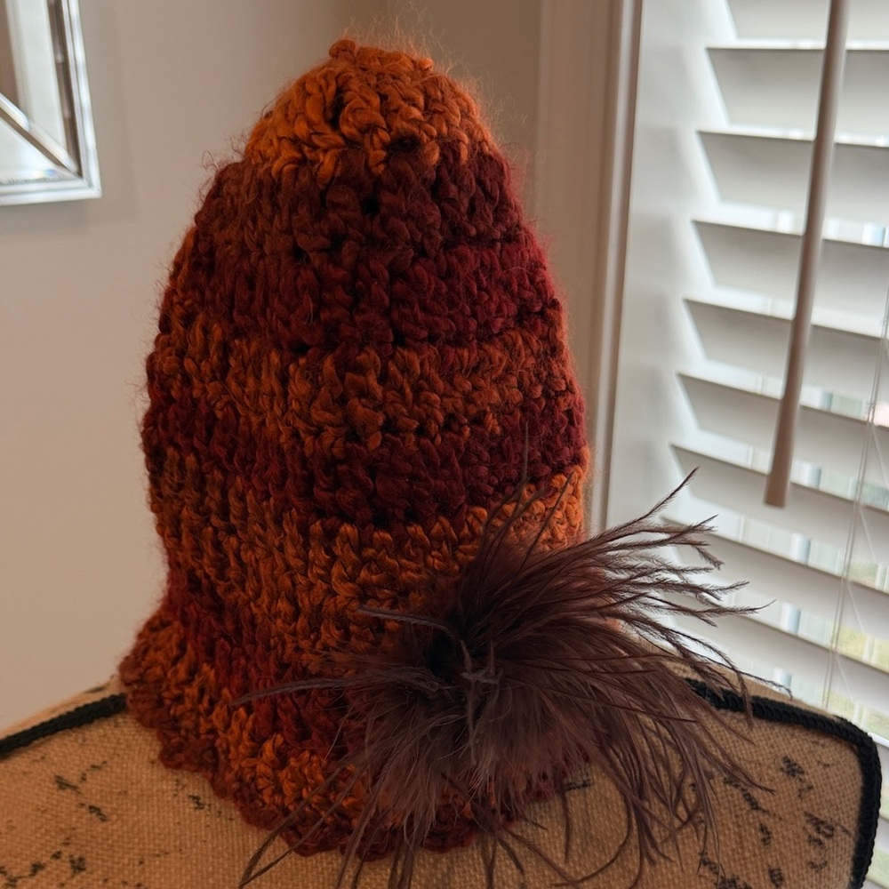 Handmade Knit Hat with Feather Accent